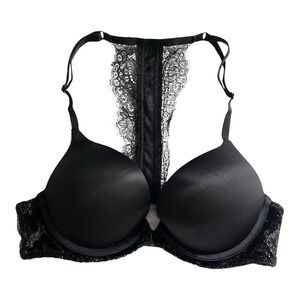 Victoria's Secret Black Bombshell Plunge Racerback Lace Push Up Bra Sz 32A